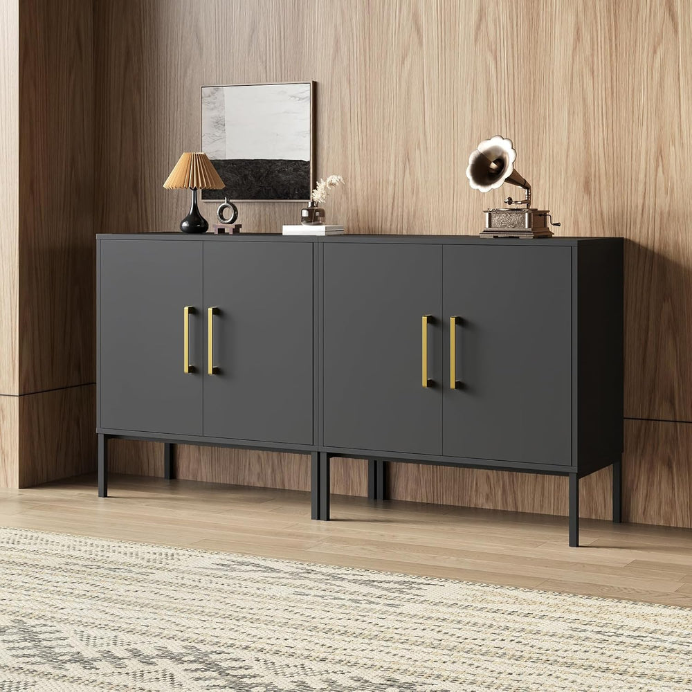 Set of 3 Storage Cabinets with Adjustable Shelf and Gold Handle, Black丨Buffet...