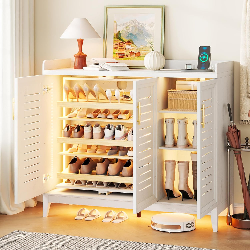 Vlsrka Rotating Shoe Storage Cabinet with Slatted Doors and Lights, White