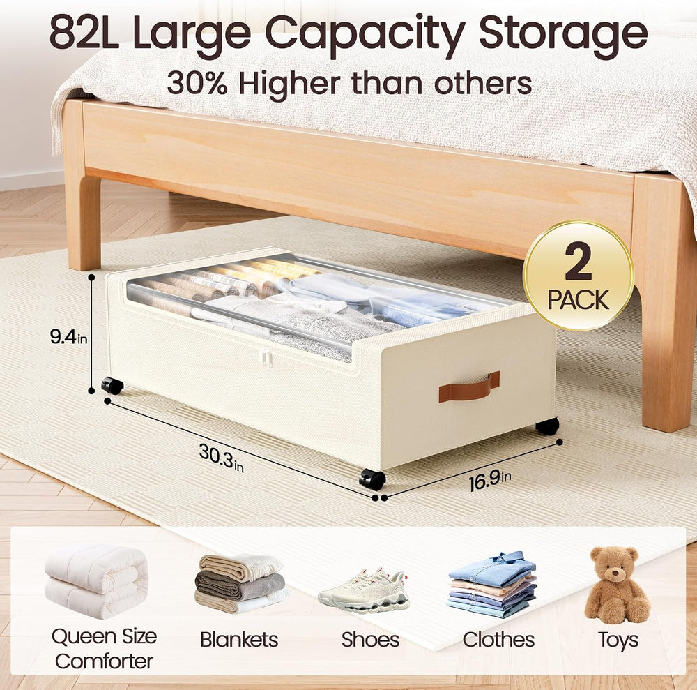 Yecaye 82L Under Bed Storage Containers, Fits 9.4" Under Bed, 2 Pack, Beige