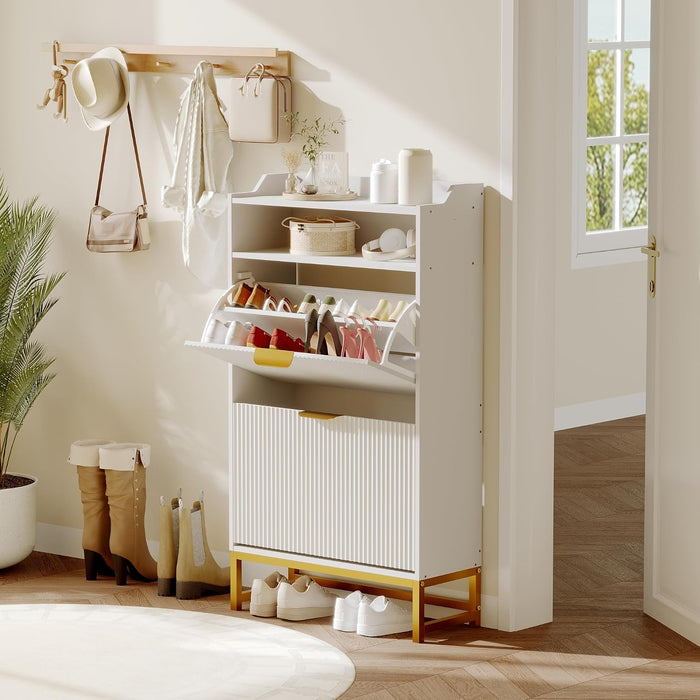 GarveeHome Fluted Shoe Cabinet Storage for Entryway, Wood Shoe Rack with 2 Flip Drawers and Open Shelf, Modern Entryway Organizer for Foyer, Hallway, Entrance, White