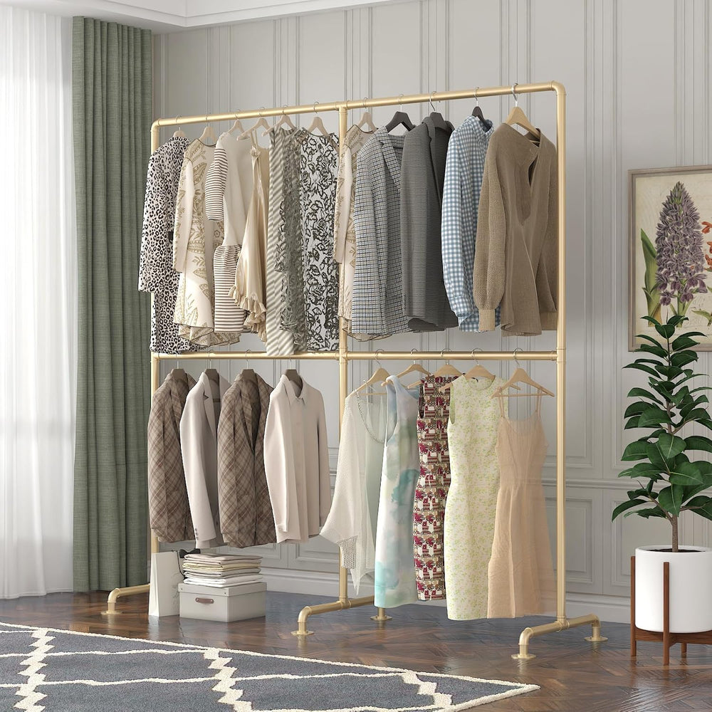 Industrial Pipe Clothing Rack, Heavy Duty Metal Clothes Rack with Double Rods...