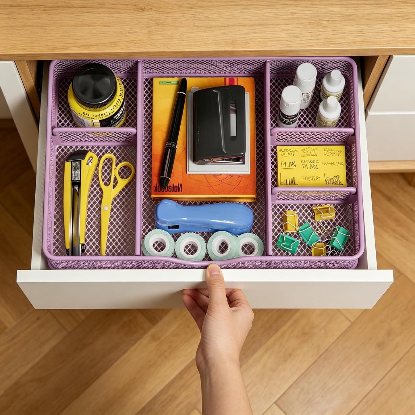 VyGrow Desk Drawer Organizer Tray, Metal Mesh Drawer Organizers Office, 6 Adjustable Compartment, Desk Organizer Tray for Home Office 12.87L x 8.73D x 1.96H inch, Black, 1PC Medium, Purple