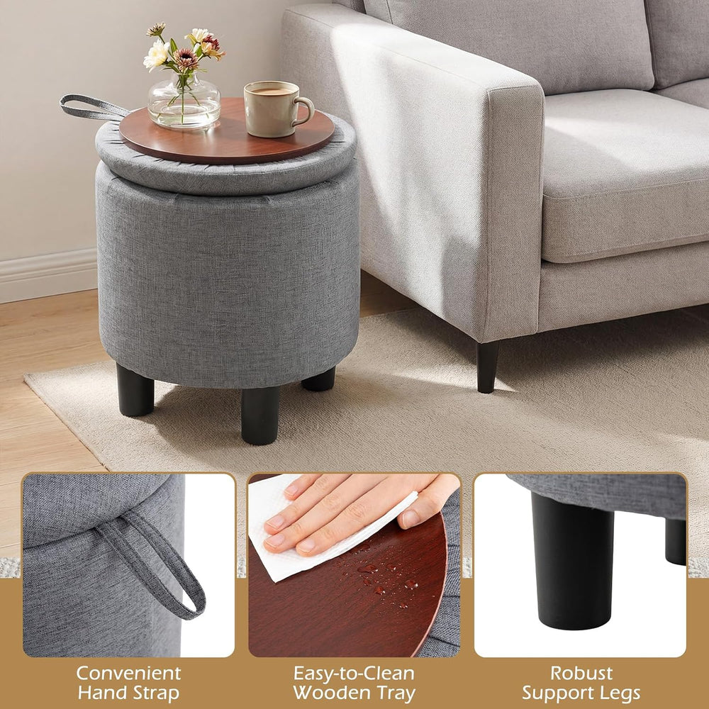 GIANTEX Linen Fabric Round Storage Ottoman with Removable Lid, Gray