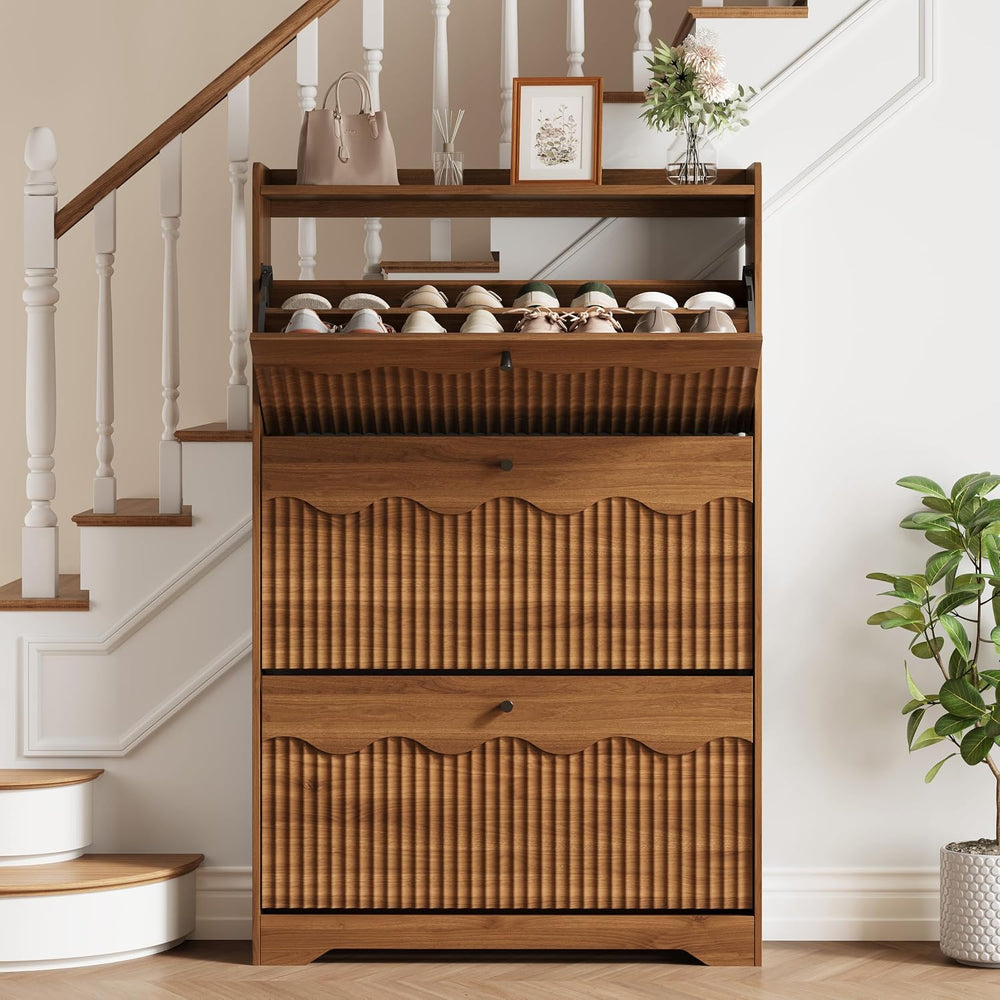 HUANLEGO Shoe Cabinet Storage for Entryway with 3 Flip Drawers, Walnut