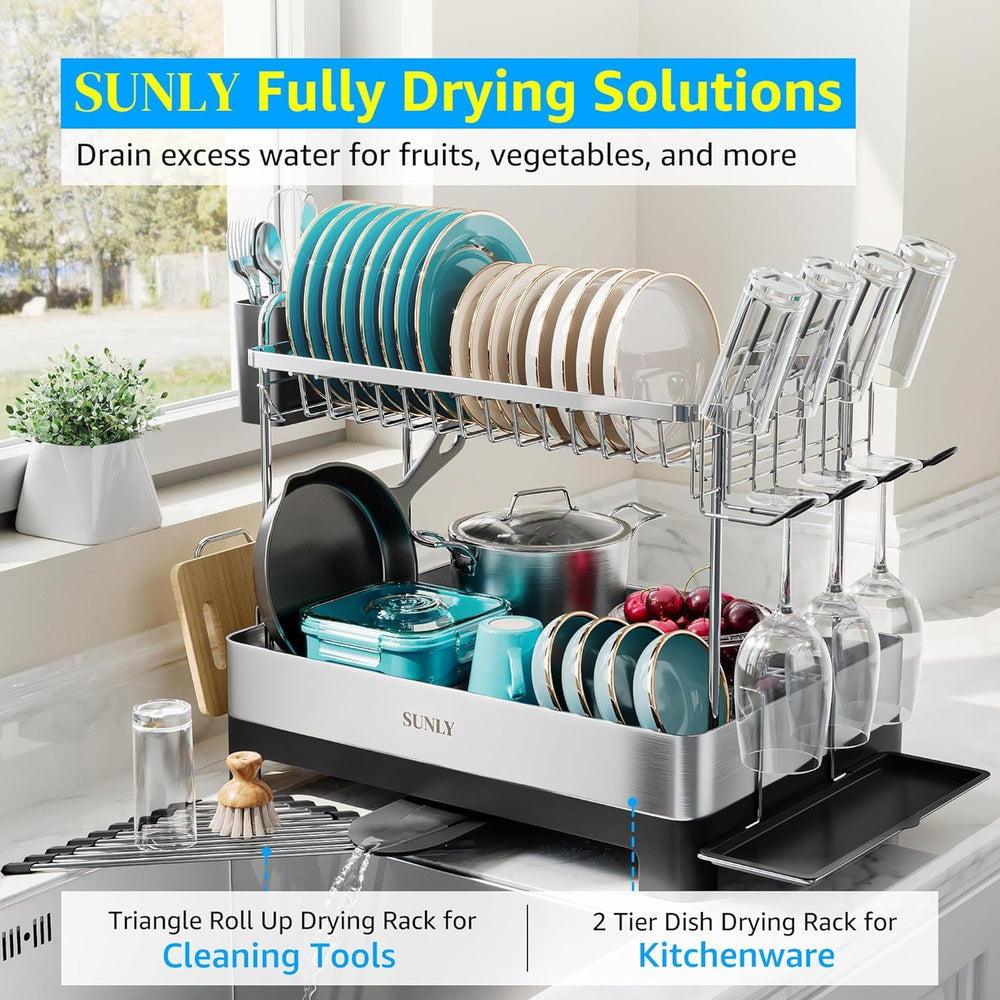 SUNLY 2 Tier Dish Drying Rack, Extra Large Dish Rack, Multifunctional Large D...