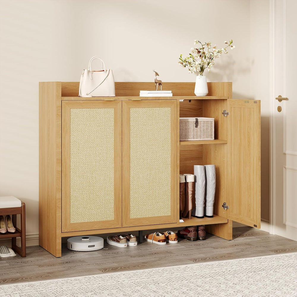 6-Tier 41" Tall Rattan Shoe Storage Cabinet with 3 Doors and Adjustable ...