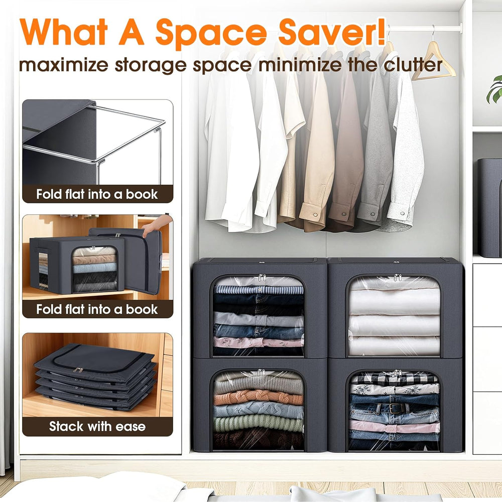 8 Pack Clothes Storage Bins with Metal Frame,Stackable Organizer Bins with Ha...