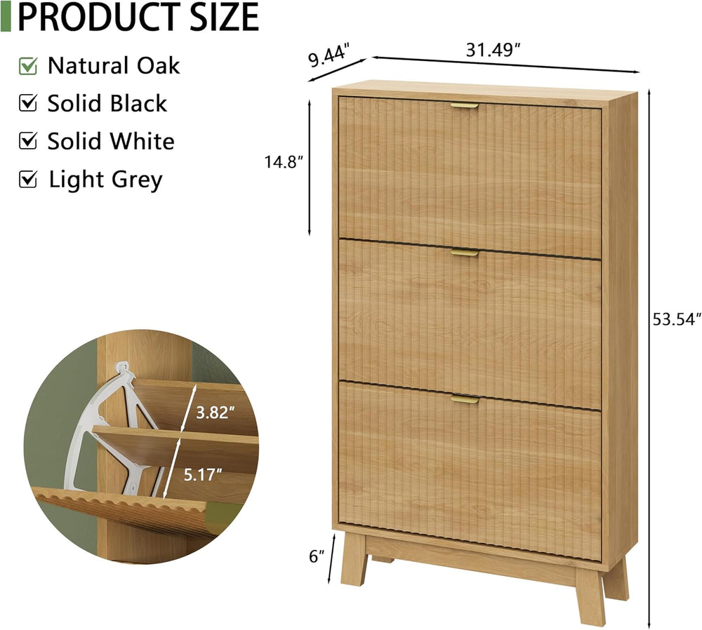Xixini Shoe Cabinet with 3 Flip Drawers, 54" Tall Narrow Fluted Shoe Sto...