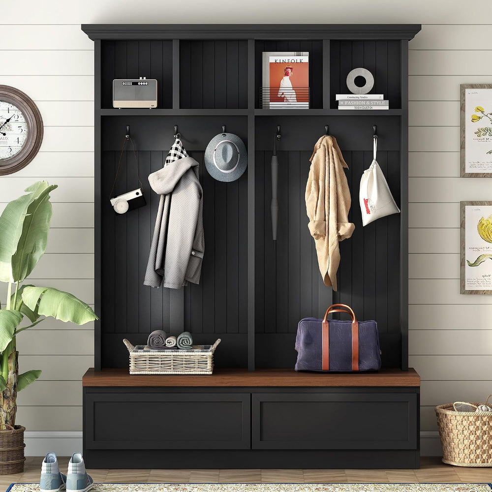 4-in-1 Hall Tree with Wood Grain Bench, Entryway Shoe Storage Organizer with ...
