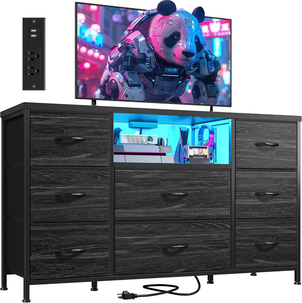 EnHomee Black Dresser for Bedroom with LED Lights & Charging Station