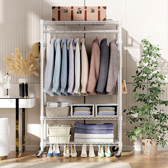 Heavy Duty Rolling Garment Rack 3 Tiers Adjustable Wire Shelving Clothes Rack - Image 8