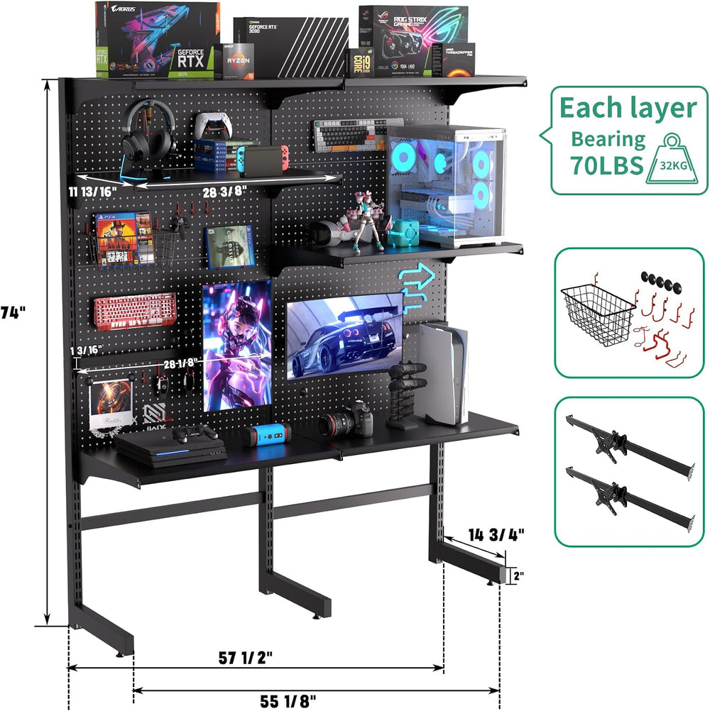 JWX Pegboard Standing Shelf Unit Pro Max with Monitor Support Bars, Gaming Pe...