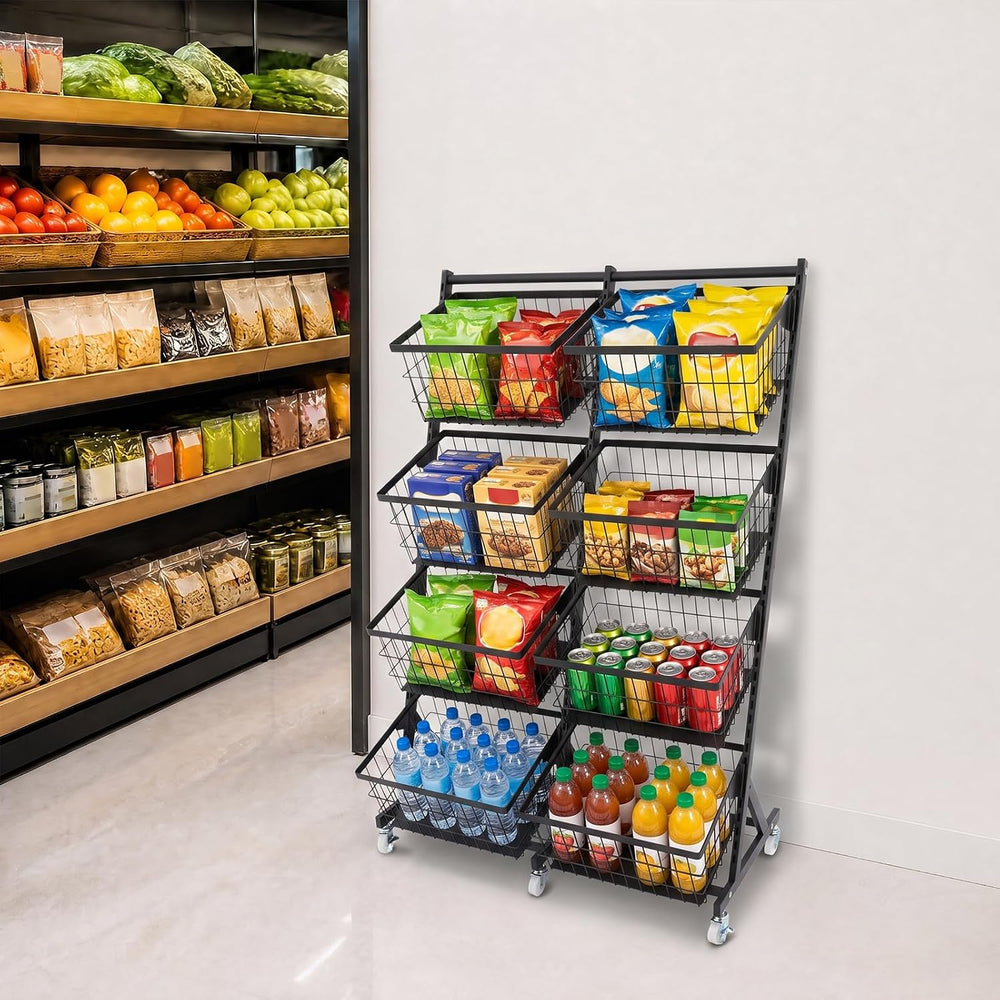 Rolling Store Snack Display Rack with Wheels, Mesh Storage Cart(Black)