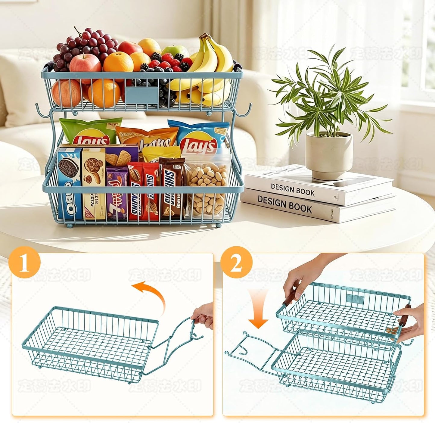 2-Tier Stackable Wire Basket with 2 Banana Hooks, Pantry Organizer for Kitchen Countertops, Cabinets & Under-Sink Spaces; Ideal for Storing Snacks, Fruits, Veggies, Onions, Potatoes, & More,Blue