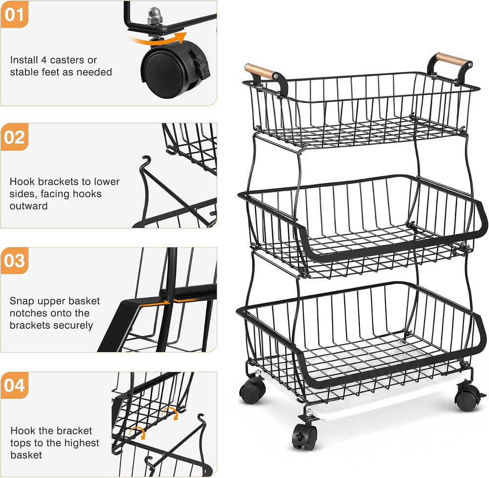 VECELO 3-Tier Fruit Basket with Wheels, Fruit and Vegetable Storage Cart for ...