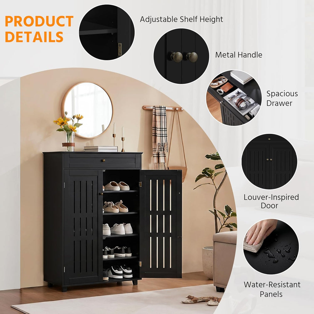 Yaheetech Tall Shoe Cabinet with Drawer & Doors for Entryway, 5-Tier Black