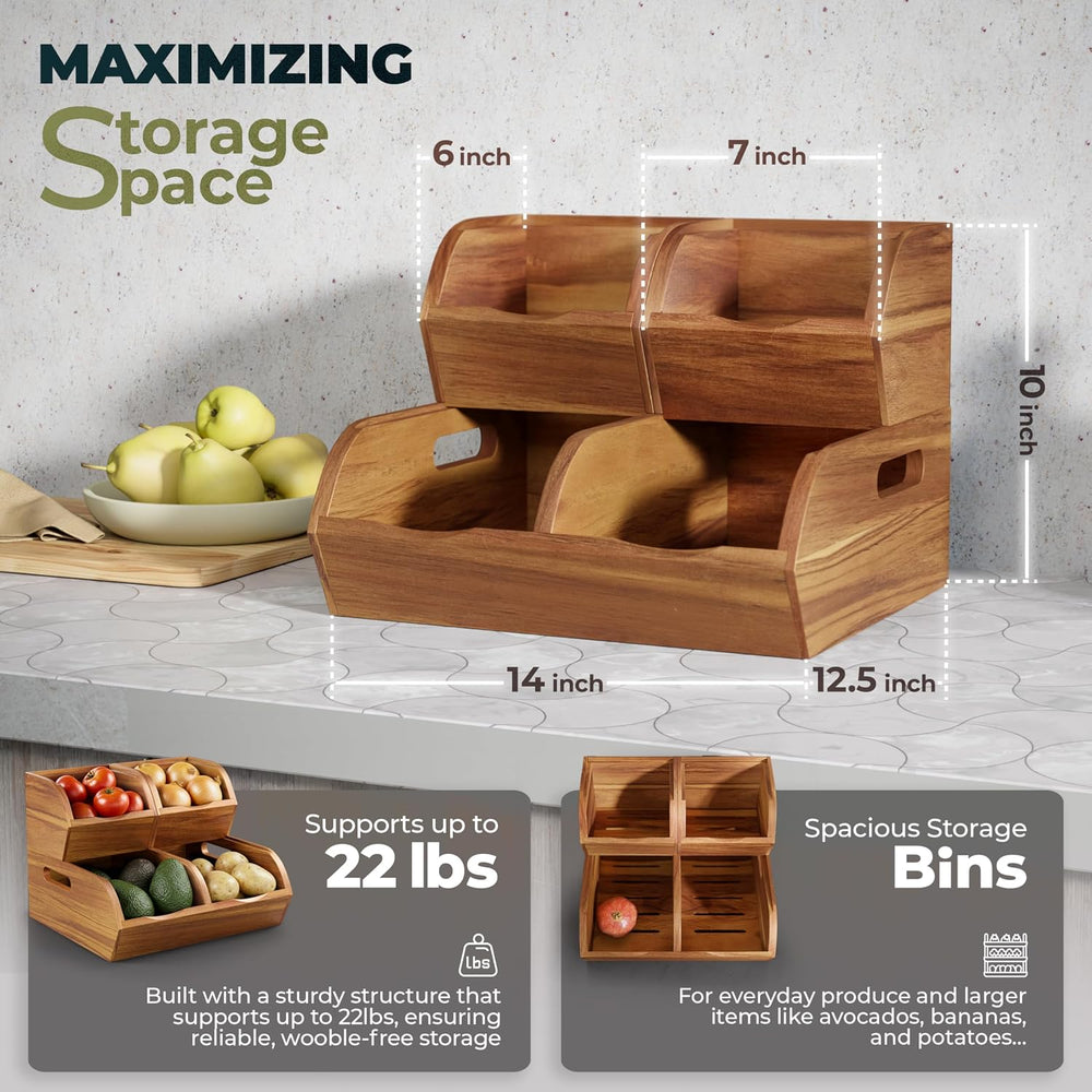 Acacia Wood Pantry Storage Bins - Stackable Open Front Kitchen Baskets