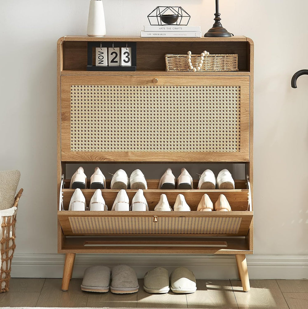Hommoo Rattan Shoe Storage Cabinet with 2 Flip Doors, Wood Narrow Shoes Cabin...