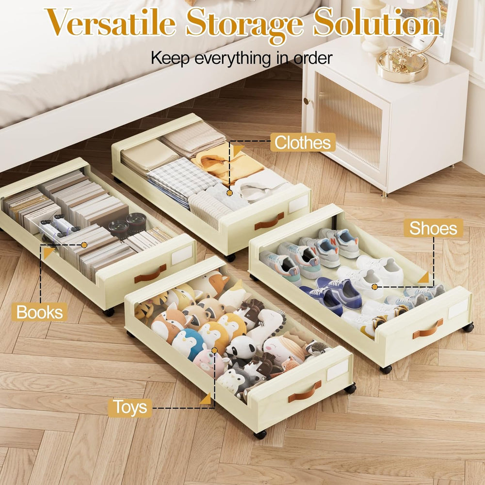 Yecaye 60L Under Bed Storage with Wheels, 4 Pack, Beige