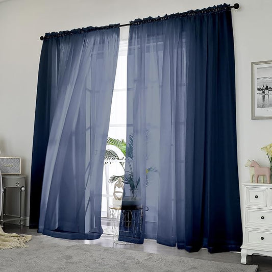 Chyhomenyc Navy Blue Sheer Curtains 84 Inches Long 2 Panels Set - Image 2