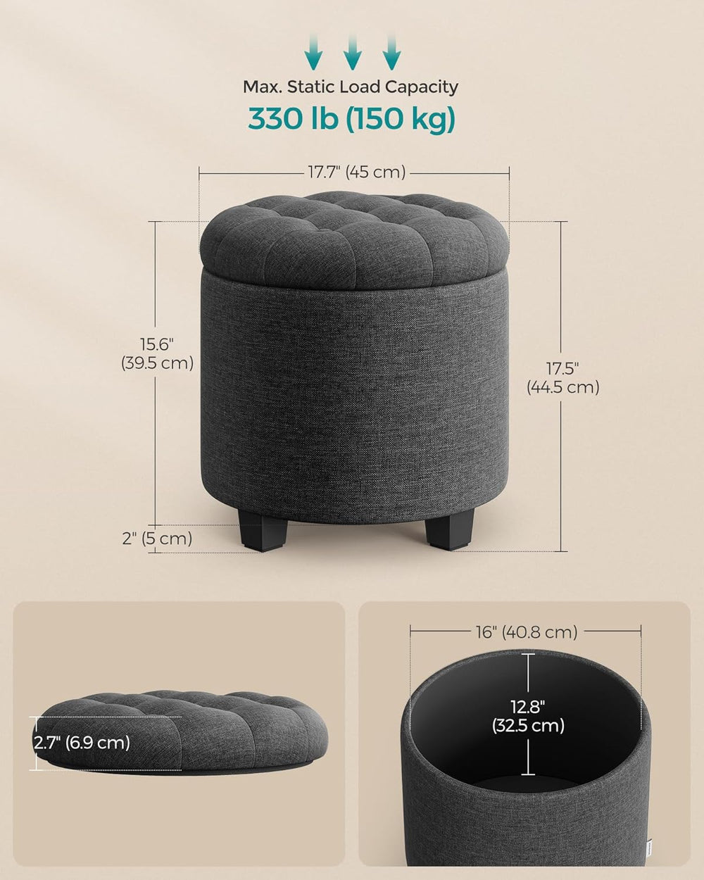 SONGMICS Round Ottoman with Storage, Vanity Stool, Linen-Look Fabric