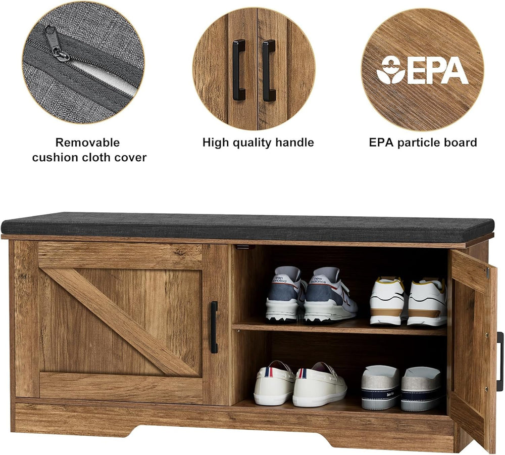HOMSHO Farmhouse Shoe Storage Bench with 2 Barn Doors & Padded Seat Cushion