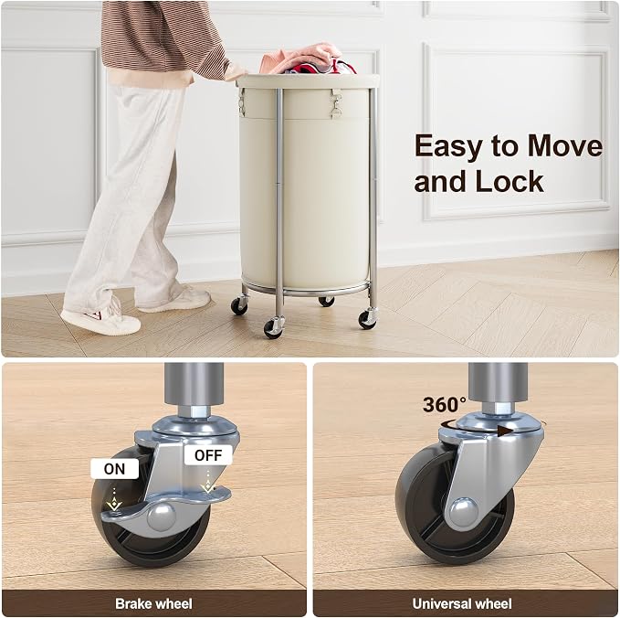 ELYKEN Laundry Hamper with Wheels, 110L Rolling Laundry Basket, Round Laundry