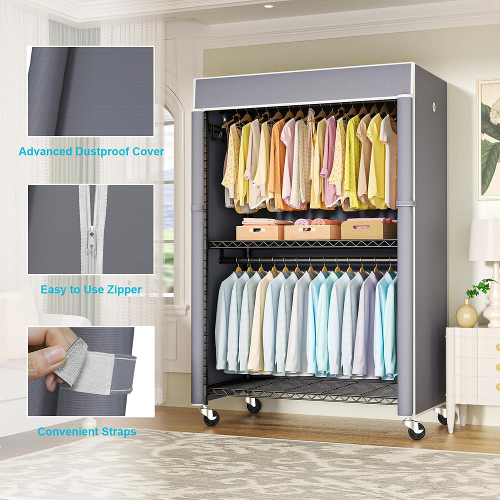 FUTASSI Black Clothing Rack with Grey Cover, P1C Plus Rolling Closets