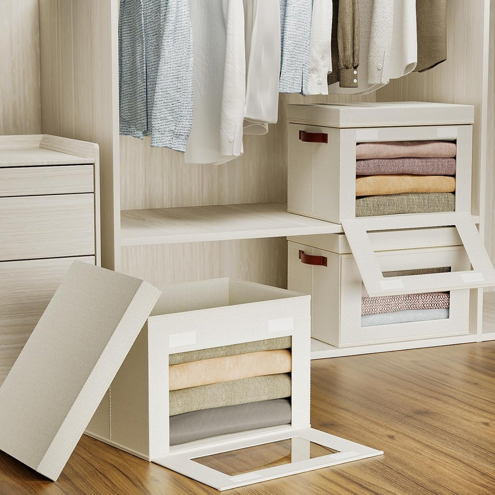 4-Pack Collapsible Stackable Storage Bins with Lids, Beige