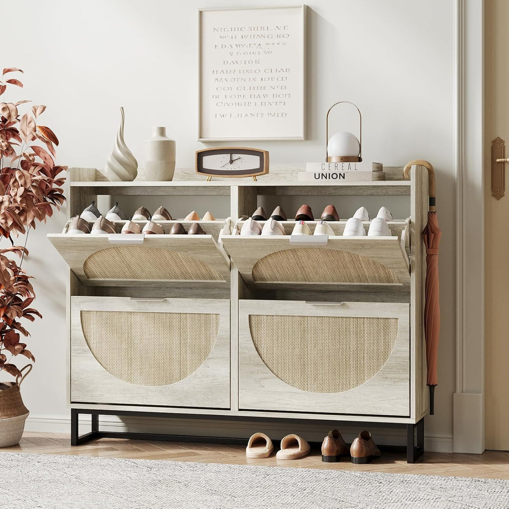 Maupvit Large Rattan Shoe Storage Cabinet with 4 Flip Drawers, Freestanding S...