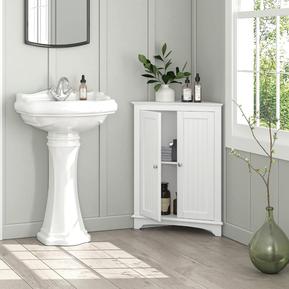 Spirich Corner Bathroom Cabinet with Doors and Adjustable Shelf, White