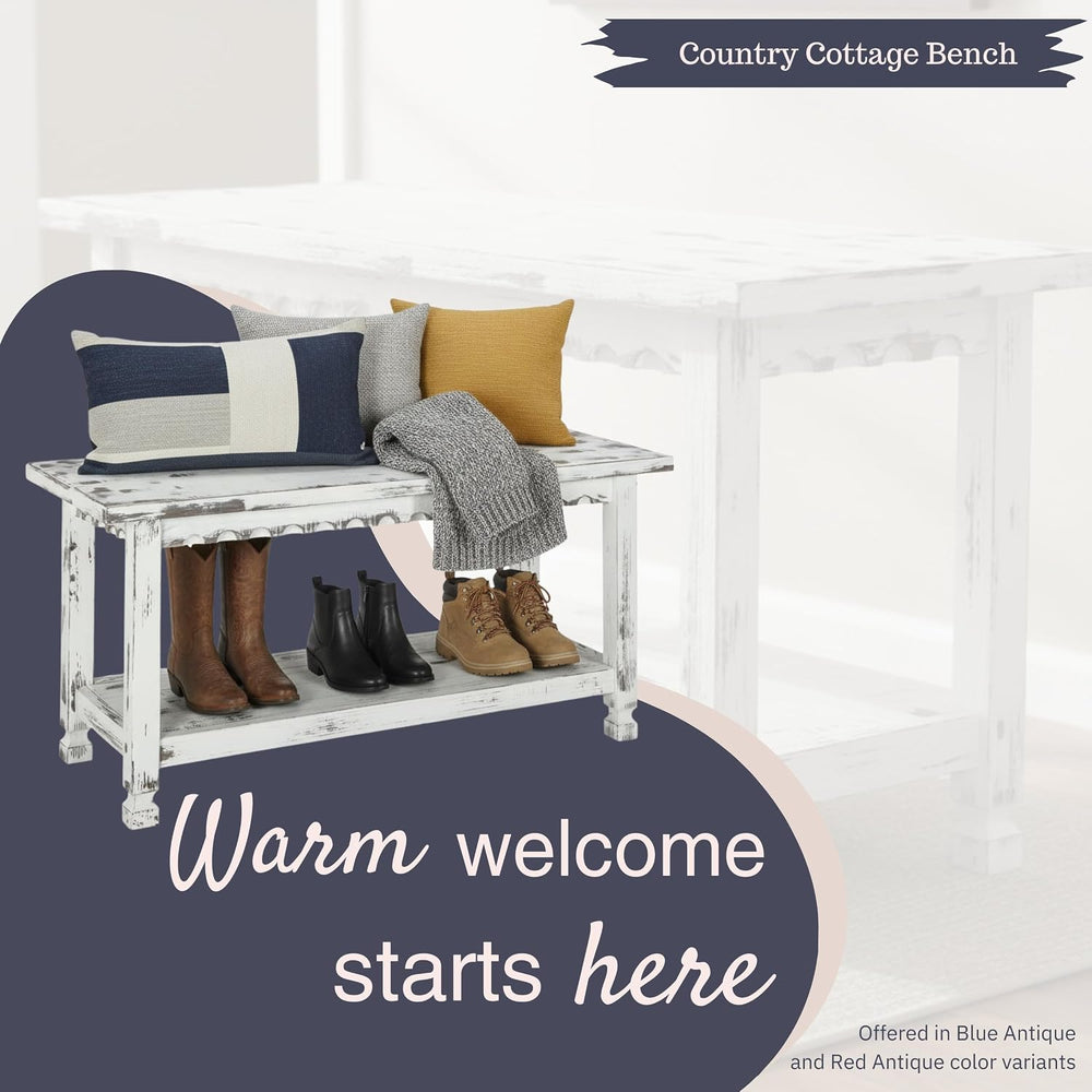 Country Cottage 36-Inch Farmhouse Entryway Bench with Storage Shelf – Solid P...