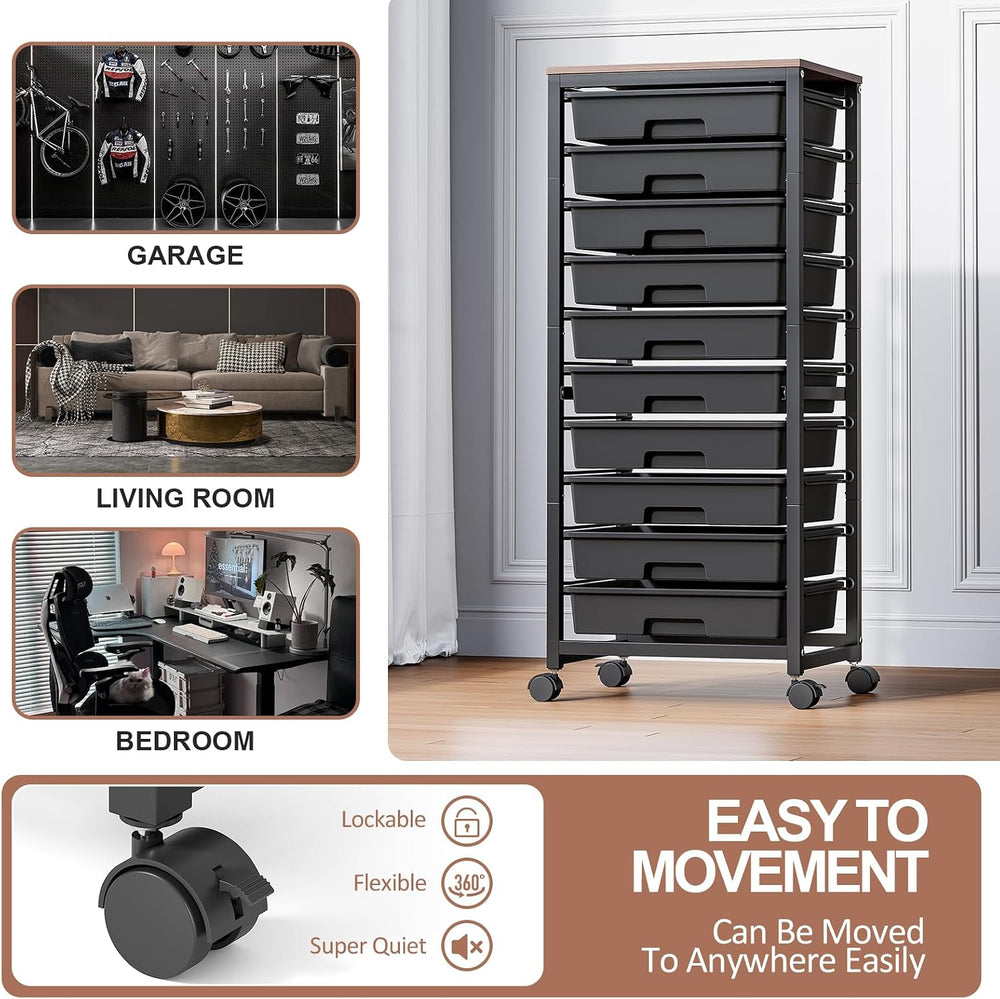 SYKIARIOL 10 Drawer Rolling Cart,Black