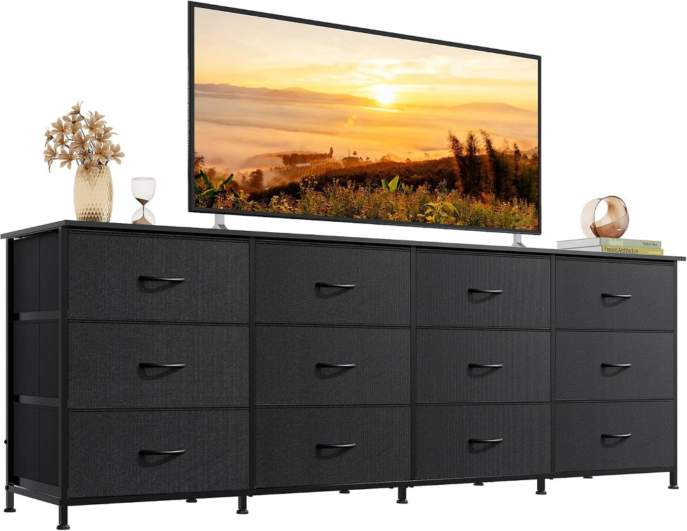 WLIVE Long Dresser TV Stand for 85 Inch TV, 12 Drawer Dresser, Black