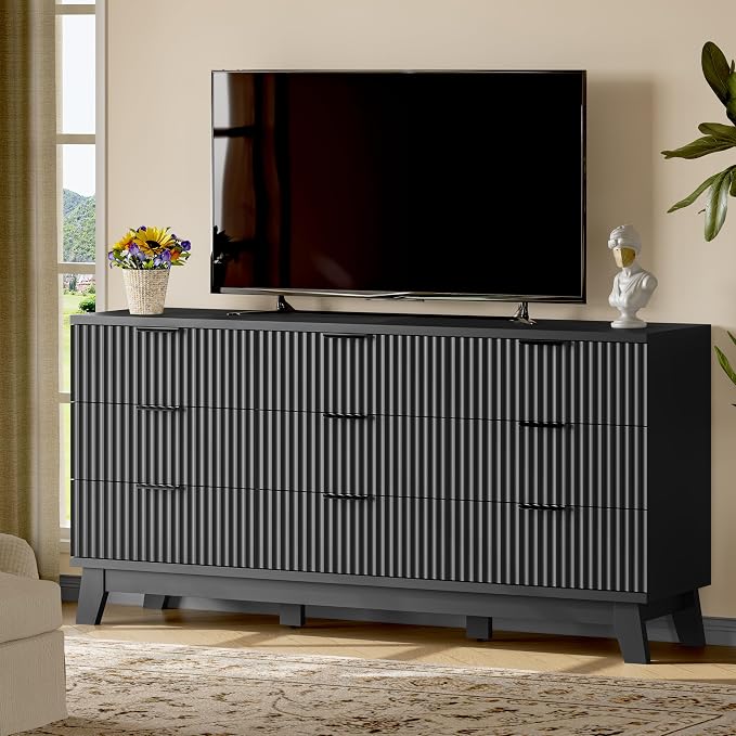 Fluted Dresser with 9 Drawers, Wooden Dresser TV Stand, Wood Closet Clothes - Image 7