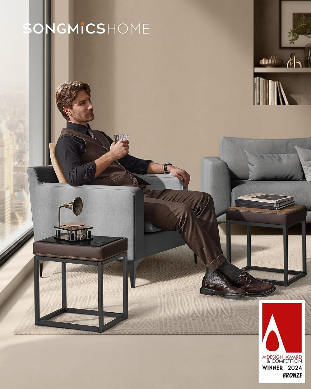 SONGMICS HOME Ottoman, Square Coffee Table, Reversible Top, Steel Frame