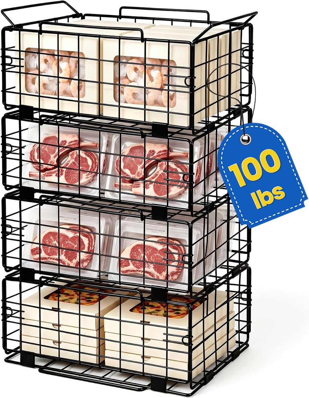 Reinforced Freezer Organizer Bins, 4 Pack Heavy Duty Metal Freezer Baskets, S...