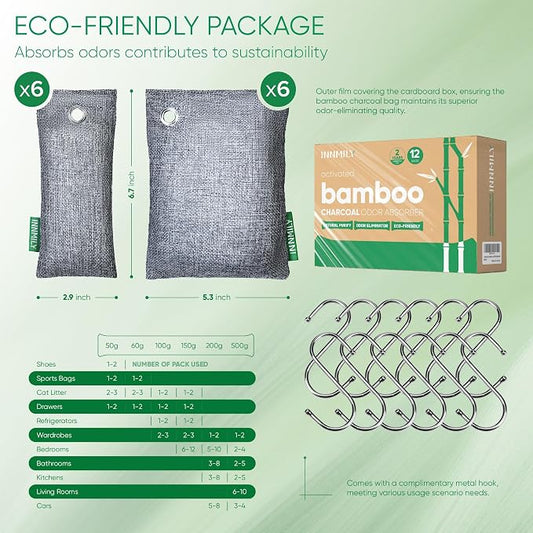 Activated Charcoal Odor Absorber, Large 12 Pack w Hooks Nature Odor Eliminator - Image 2
