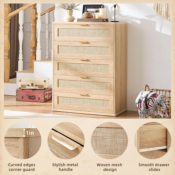 LEYAOYAO Rattan Dresser for Bedroom Set 2, Modern 5 Drawers Boho Dressers - Image 8