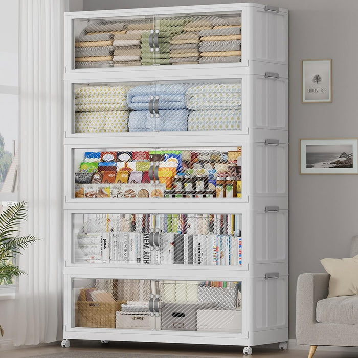 200Gal/800QT 5-Tiers Extra Large Stackable Storage Bins with Lid, Collapsible Cabinet Closet Organizer Plastic Container Box with Wheels Doors Drawers for Living Room Kitchen Office, White