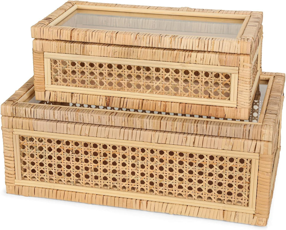 Large Handwoven Boho Rattan Display Boxes with Glass Lids Set of 2