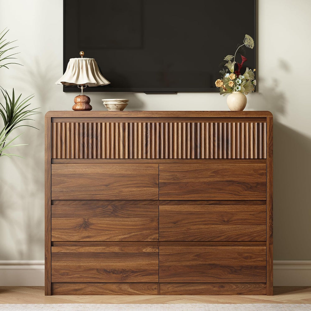 LYNSOM Walnut Fluted 9 Drawer Dresser for Bedroom, Curved Edge, 50" Wide