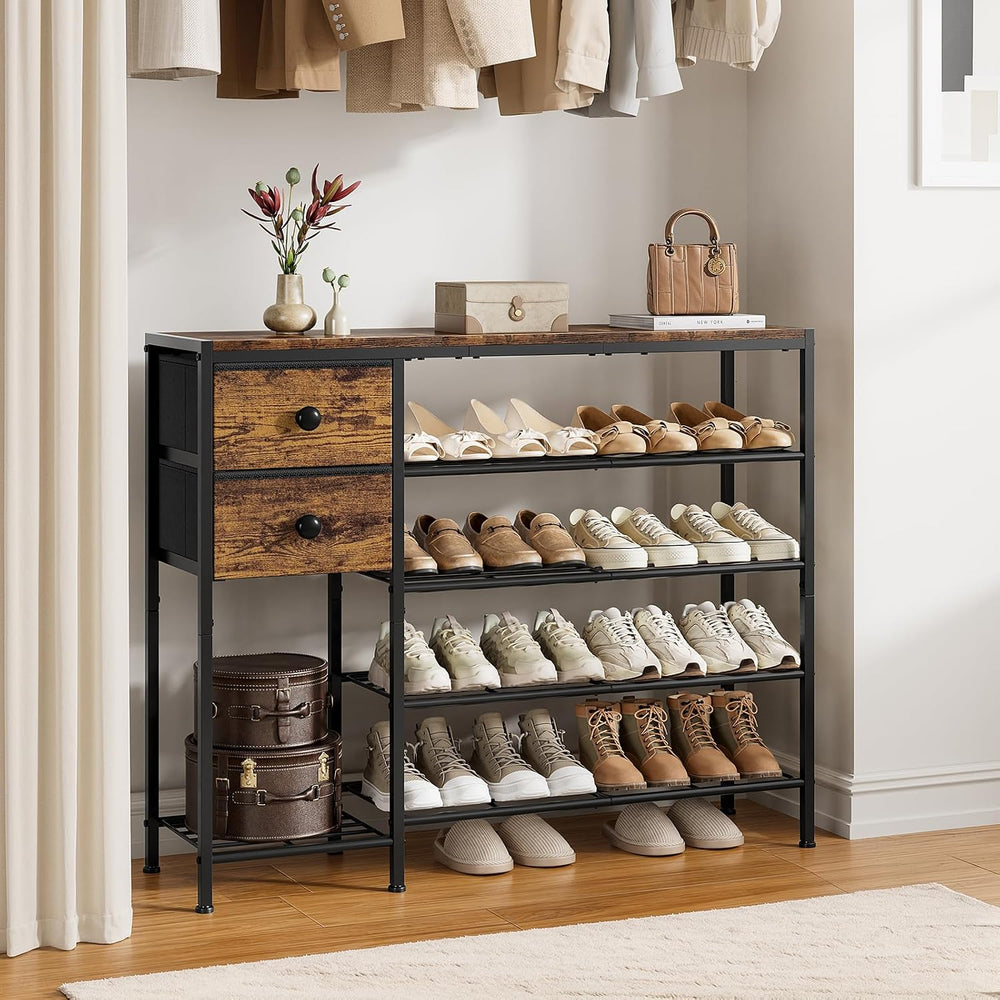 5-Tier Shoe Rack, Side Mesh & 2 Drawers for Closet Rustic Brown