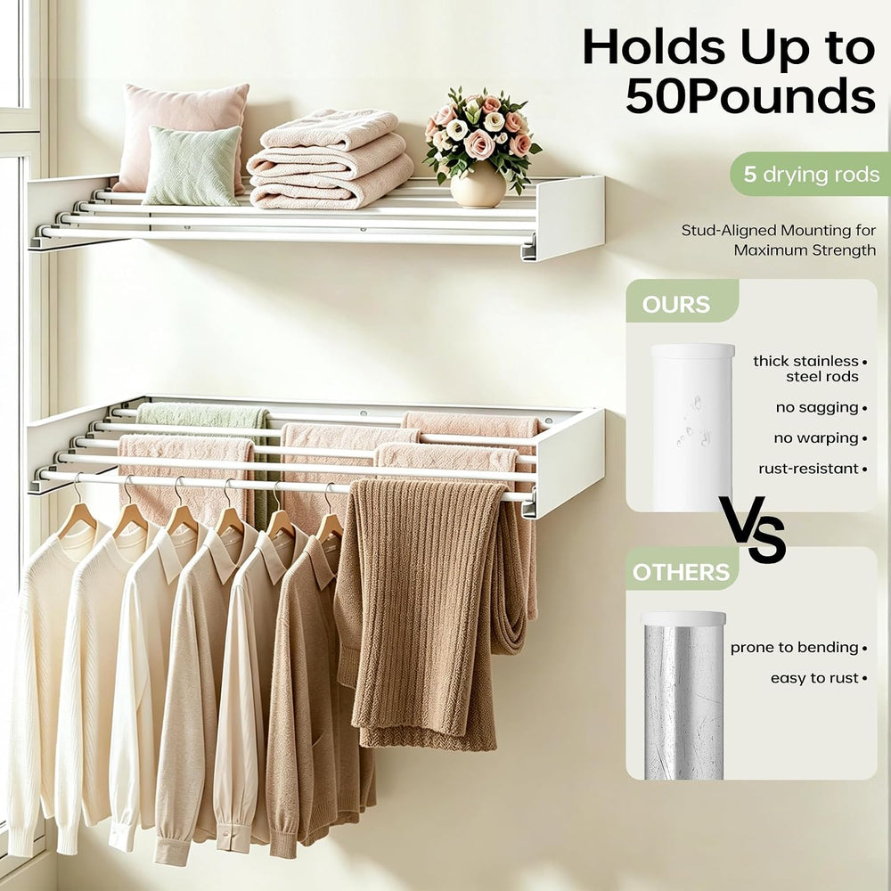 Wall Mounted Foldable Clothes Drying Rack with 60 lbs Supports
