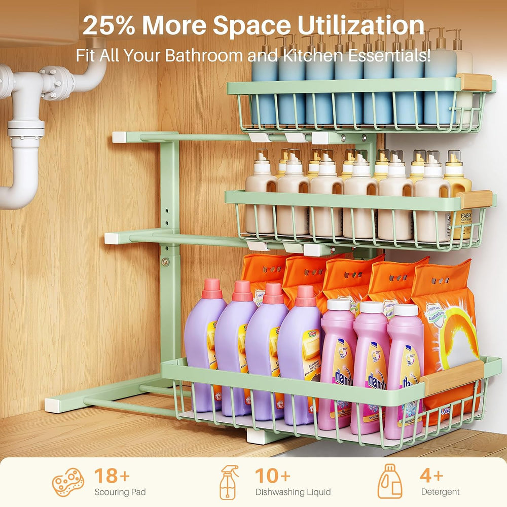 PXRACK Under Sink Organizer, 1-Pack 3-Tier Height Adjustable Thickened Metal ...