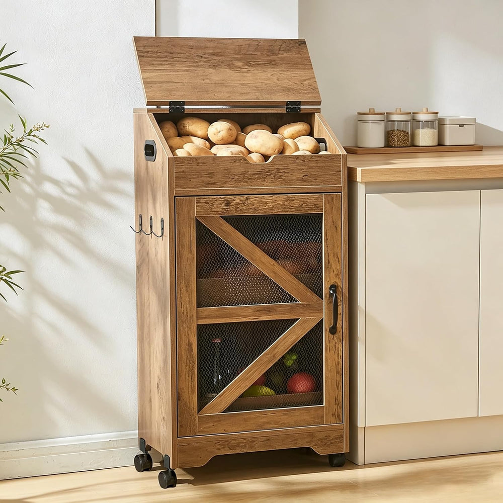 Potato Storage Bin, Movable Potato and Onion Storage Bin for Pantry(Walnut)