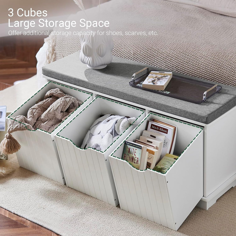 Haotian White Storage Bench with Drawers & Seat Cushion
