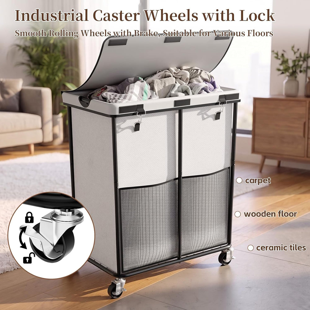 Laundry Hamper with Wheels and Lid, 225L Large Rolling Laundry Basket White