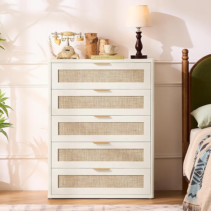 LEYAOYAO White Dresser for Bedroom, Modern 5 Drawers Boho Rattan Dressers - Image 9