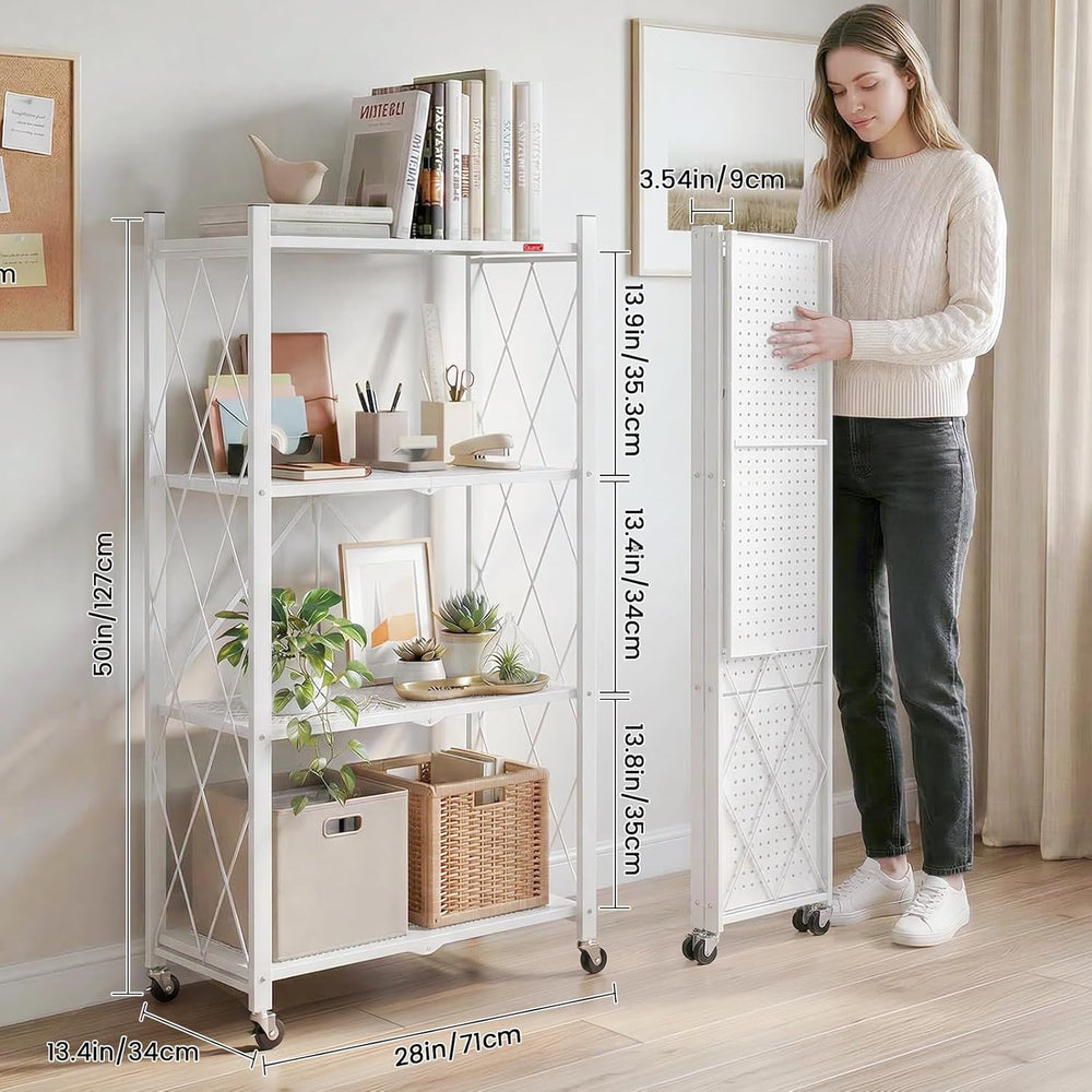 DEANIC 4 Tier Foldable Storage Shelves with Wheels, Large Capacity Shelving U...
